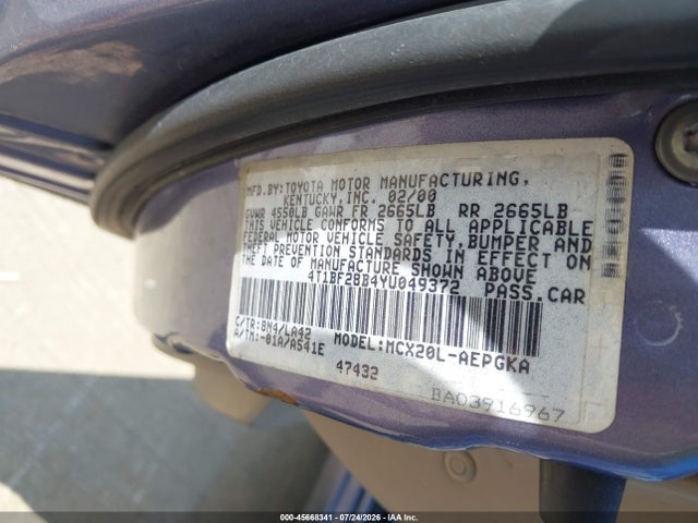 2000 Toyota Avalon Xls მანქანა იყიდება აუქციონზე, vin: 4T1BF28B4YU049372, აუქციონის ნომერი: 45668341