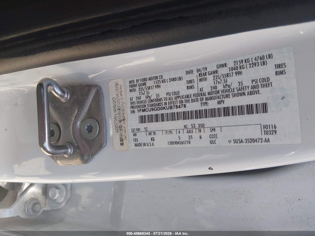 Aukcja sprzedaży 2019 Ford Escape Se, vin: 1FMCU9GD0KUB78478, numer aukcji: 45668345