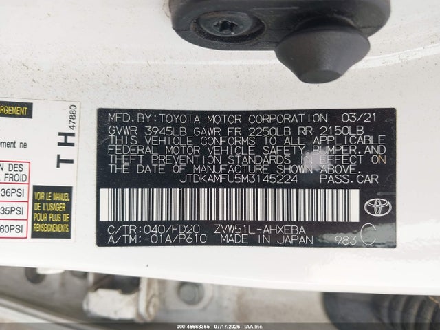 2021 Toyota Prius Le მანქანა იყიდება აუქციონზე, vin: JTDKAMFU5M3145224, აუქციონის ნომერი: 45668355