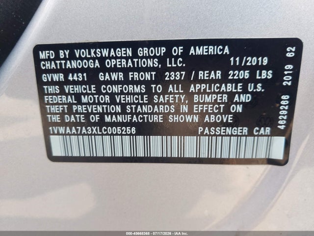 Продажа на аукционе авто 2020 Volkswagen Passat 2.0t S, vin: 1VWAA7A3XLC005256, номер лота: 45668368