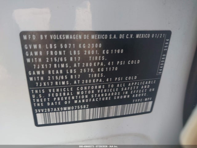 Aukcja sprzedaży 2021 Volkswagen Tiguan 2.0t Se/2.0t Se R-line Black/2.0t Sel, vin: 3VV2B7AX9MM075582, numer aukcji: 45668373
