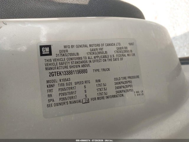 2008 Gmc Sierra 1500 Slt მანქანა იყიდება აუქციონზე, vin: 2GTEK133881196880, აუქციონის ნომერი: 45668374