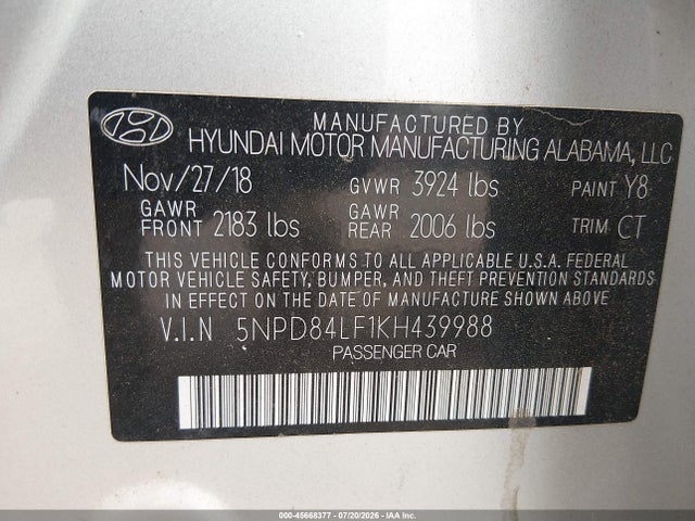 Продажа на аукционе авто 2019 Hyundai Elantra Sel, vin: 5NPD84LF1KH439988, номер лота: 45668377