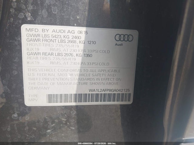 45668384 :رقم المزاد ، WA1L2AFP8GA042125 vin ، 2016 Audi Q5 2.0t Premium مزاد بيع