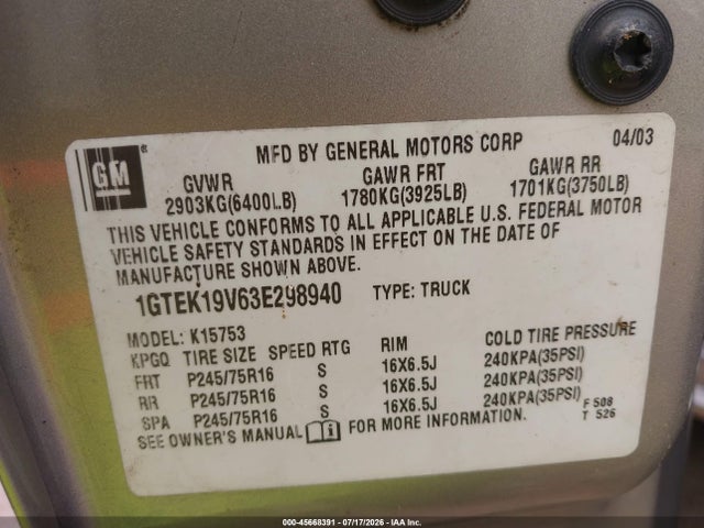 45668391 :رقم المزاد ، 1GTEK19V63E298940 vin ، 2003 Gmc Sierra 1500 Sle مزاد بيع