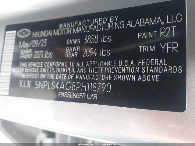 Продажа на аукционе авто 2023 Hyundai Elantra Sel, vin: 5NPLS4AG8PH118790, номер лота: 45668394