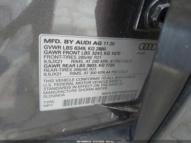 45668412 :رقم المزاد ، WA1LXAF70MD023550 vin ، 2021 Audi Q7 Premium Plus 55 Tfsi Quattro Tiptronic مزاد بيع
