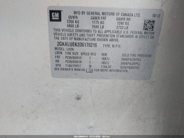 Продаж на аукціоні авто 2013 Gmc Terrain Slt-1, vin: 2GKALUEK2D6178216, номер лоту: 45668414