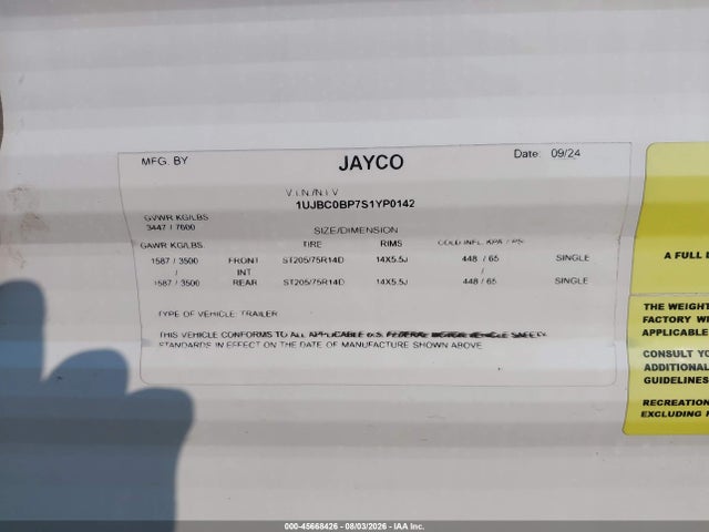 Aukcja sprzedaży 2025 Jayco Jay Flight Slx 265bhs Travel Trailer, vin: 1UJBC0BP7S1YP0142, numer aukcji: 45668426