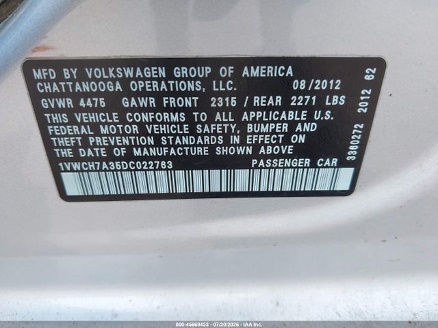 Aukcja sprzedaży 2013 Volkswagen Passat 2.5l Sel, vin: 1VWCH7A35DC022763, numer aukcji: 45668433