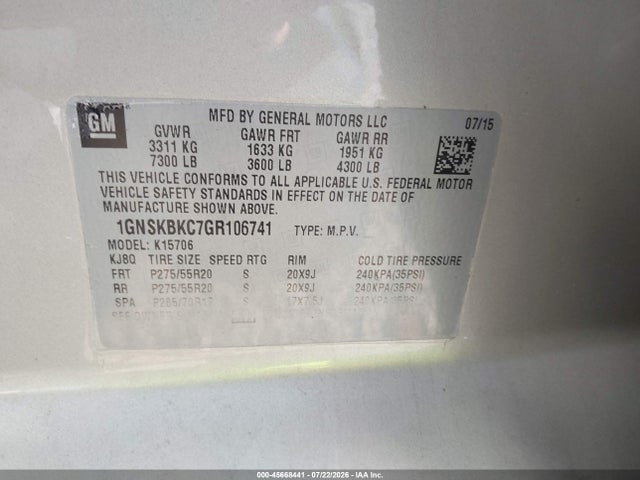 45668441 :رقم المزاد ، 1GNSKBKC7GR106741 vin ، 2016 Chevrolet Tahoe Lt مزاد بيع