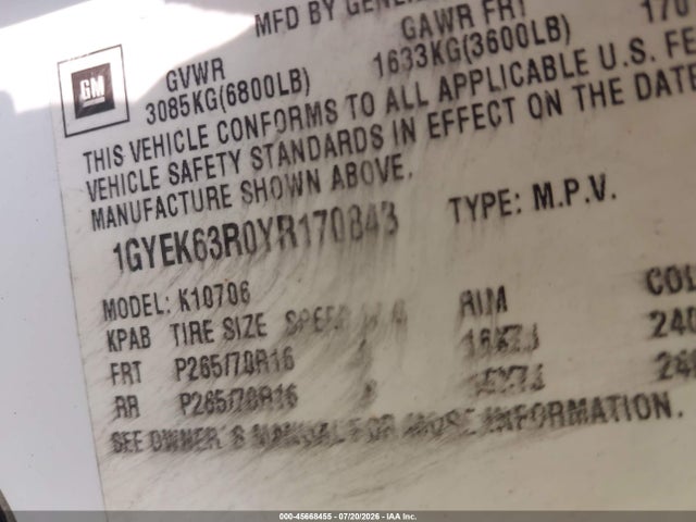 Продаж на аукціоні авто 2000 Cadillac Escalade Standard, vin: 1GYEK63R0YR170843, номер лоту: 45668455