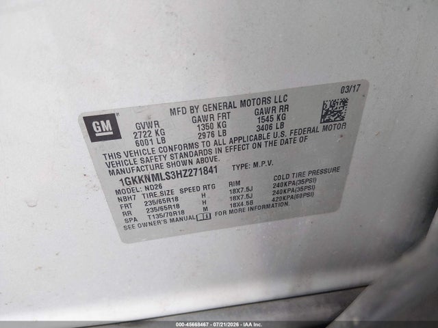 Aukcja sprzedaży 2017 Gmc Acadia Slt-1, vin: 1GKKNMLS3HZ271841, numer aukcji: 45668467