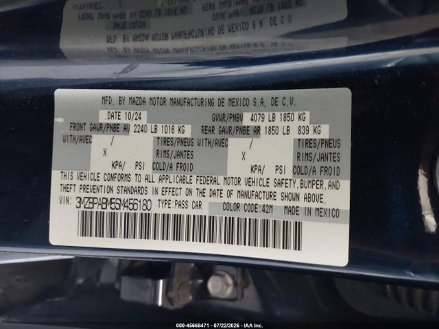 2025 Mazda Mazda3 2.5 S Select Sport მანქანა იყიდება აუქციონზე, vin: 3MZBPABM5SM456180, აუქციონის ნომერი: 45668471