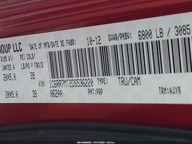Продажа на аукционе авто 2013 Ram 1500 Sport, vin: 1C6RR7MT2DS536220, номер лота: 45668492