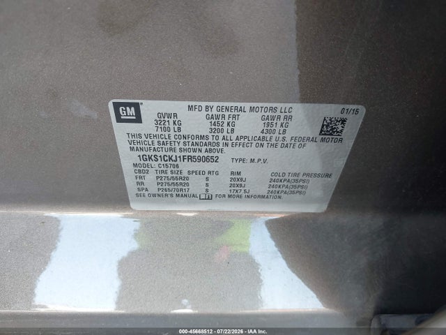 2015 Gmc Yukon Denali მანქანა იყიდება აუქციონზე, vin: 1GKS1CKJ1FR590652, აუქციონის ნომერი: 45668512