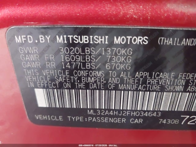 Aukcja sprzedaży 2015 Mitsubishi Mirage Es, vin: ML32A4HJ2FH034643, numer aukcji: 45668516