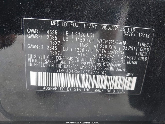 Aukcja sprzedaży 2015 Subaru Outback 2.5i Limited, vin: 4S4BSBLC8F3276109, numer aukcji: 45668522