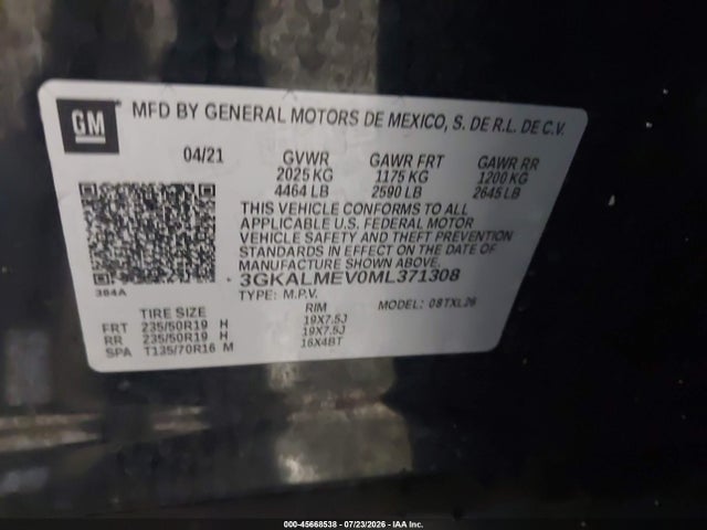 45668538 :رقم المزاد ، 3GKALMEV0ML371308 vin ، 2021 Gmc Terrain Fwd Sle مزاد بيع