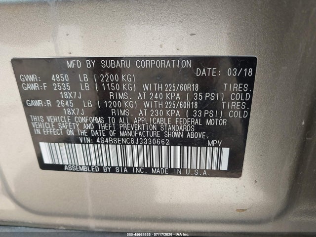 45668555 :رقم المزاد ، 4S4BSENC8J3330662 vin ، 2018 Subaru Outback 3.6r Limited مزاد بيع