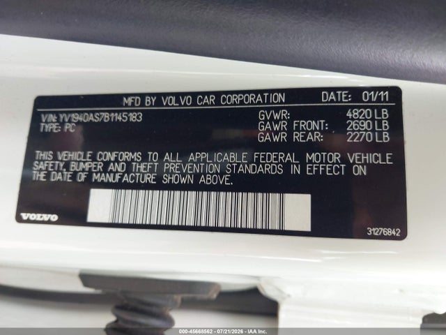 45668562 :رقم المزاد ، YV1940AS7B1145183 vin ، 2011 Volvo S80 3.2 مزاد بيع