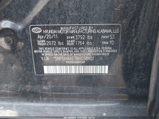 Продаж на аукціоні авто 2011 Hyundai Elantra Gls, vin: 5NPDH4AE7BH058401, номер лоту: 45668585