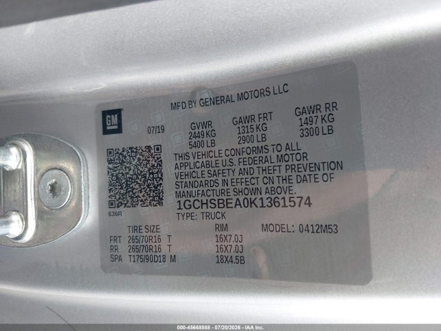 1GCHSBEA0K1361574 Chevrolet Colorado Wt