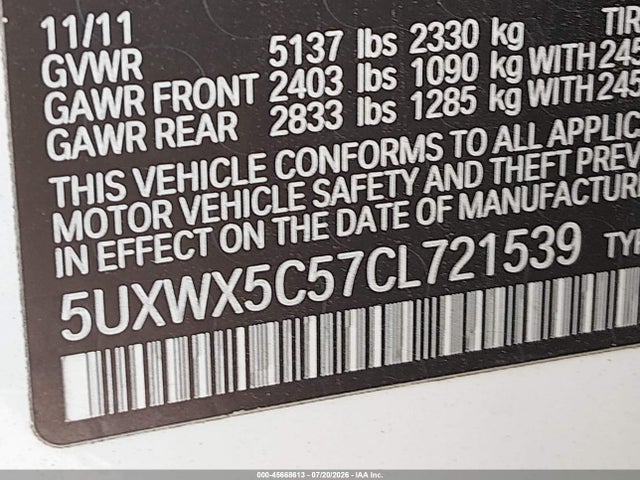 Aukcja sprzedaży 2012 Bmw X3 Xdrive28i, vin: 5UXWX5C57CL721539, numer aukcji: 45668613