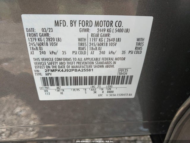 Aukcja sprzedaży 2023 Ford Edge Sel, vin: 2FMPK4J92PBA25581, numer aukcji: 45668627