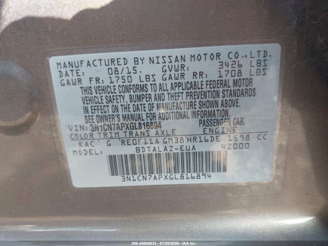 45668633 :رقم المزاد ، 3N1CN7APXGL816894 vin ، 2016 Nissan Versa 1.6 S+ مزاد بيع