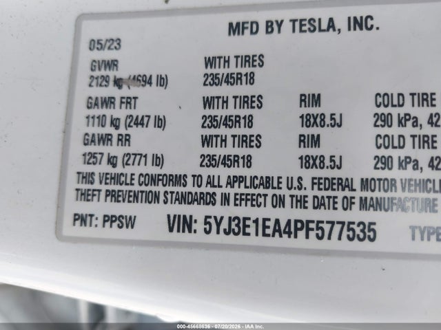 Продаж на аукціоні авто 2023 Tesla Model 3 Rear-wheel Drive, vin: 5YJ3E1EA4PF577535, номер лоту: 45668636