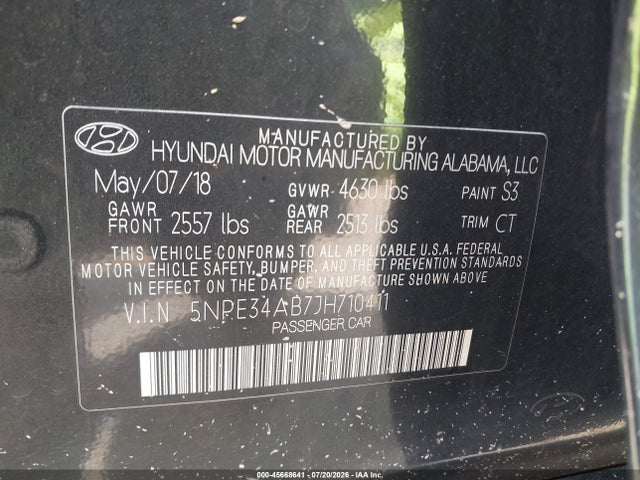 Aukcja sprzedaży 2018 Hyundai Sonata Limited 2.0t+, vin: 5NPE34AB7JH710411, numer aukcji: 45668641
