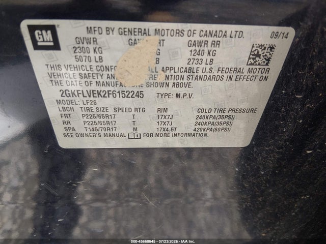 2015 Gmc Terrain Sle-1 მანქანა იყიდება აუქციონზე, vin: 2GKFLVEK2F6152245, აუქციონის ნომერი: 45668645
