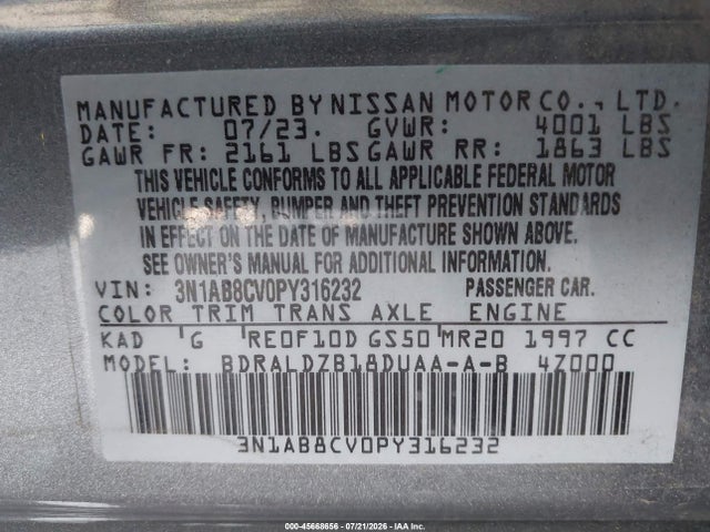 3N1AB8CV0PY316232 Nissan Sentra Sv Xtronic Cvt