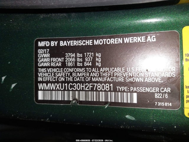 Продажа на аукционе авто 2017 Mini Hardtop Cooper, vin: WMWXU1C30H2F78081, номер лота: 45668658