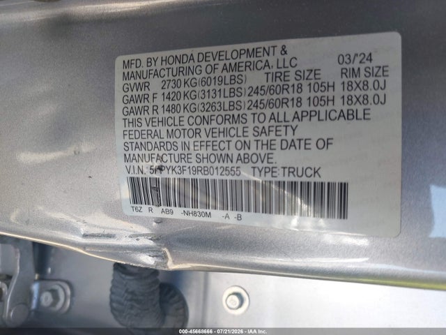 Продажа на аукционе авто 2024 Honda Ridgeline Sport, vin: 5FPYK3F19RB012555, номер лота: 45668666