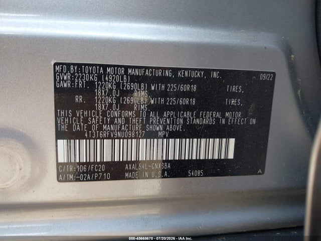 4T3T6RFV9NU098127 Toyota Rav4 Hybrid Se