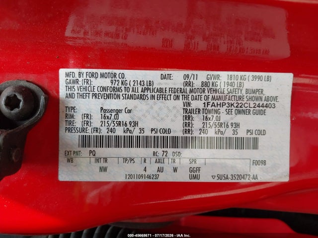 2012 Ford Focus Se მანქანა იყიდება აუქციონზე, vin: 1FAHP3K22CL244403, აუქციონის ნომერი: 45668671