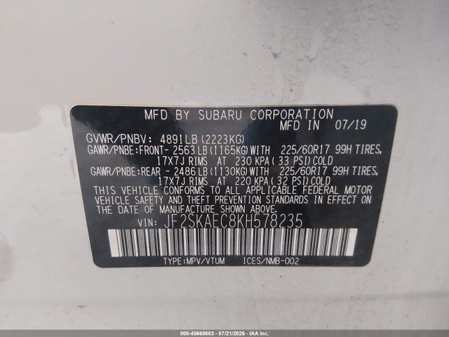 Продаж на аукціоні авто 2019 Subaru Forester Premium, vin: JF2SKAEC8KH578235, номер лоту: 45668683