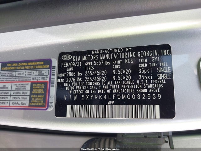 45668693 :رقم المزاد ، 5XYRK4LF0MG032939 vin ، 2021 Kia Sorento Sx مزاد بيع