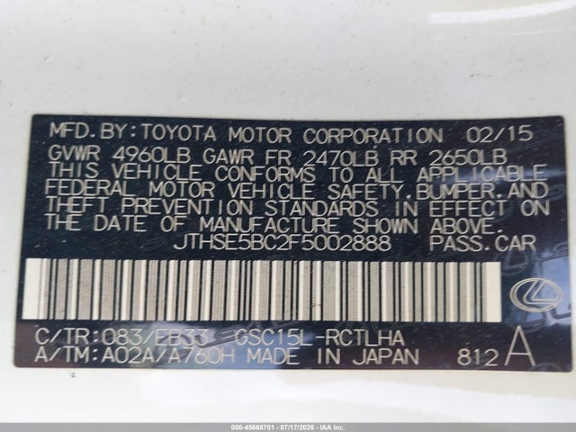 45668701 :رقم المزاد ، JTHSE5BC2F5002888 vin ، 2015 Lexus Rc 350 مزاد بيع