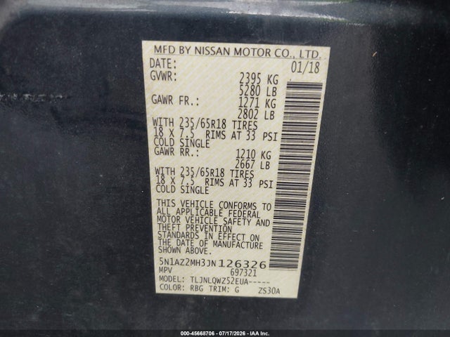 Продаж на аукціоні авто 2018 Nissan Murano Sv, vin: 5N1AZ2MH3JN126326, номер лоту: 45668706