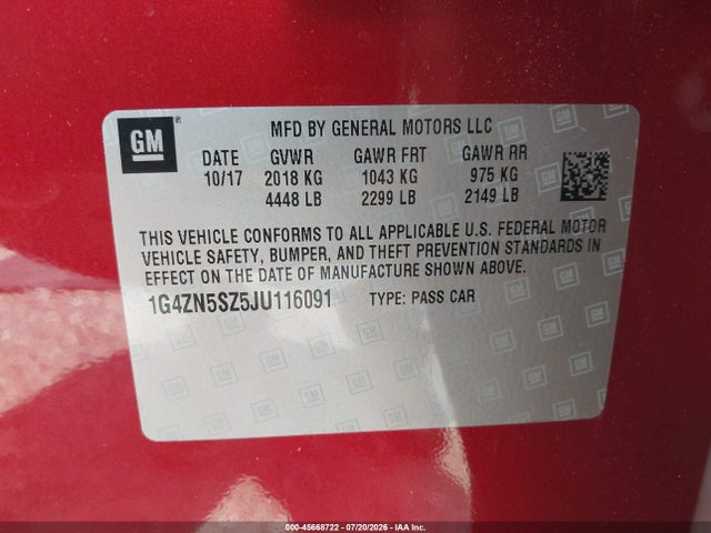 2018 Buick Lacrosse Preferred მანქანა იყიდება აუქციონზე, vin: 1G4ZN5SZ5JU116091, აუქციონის ნომერი: 45668722