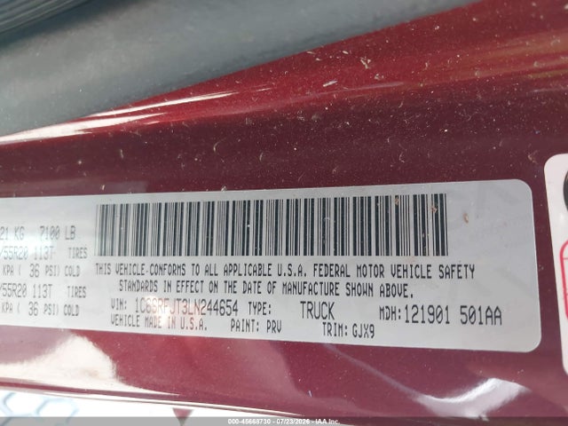 Продажа на аукционе авто 2020 Ram 1500 Laramie  4x4 5'7 Box, vin: 1C6SRFJT3LN244654, номер лота: 45668730