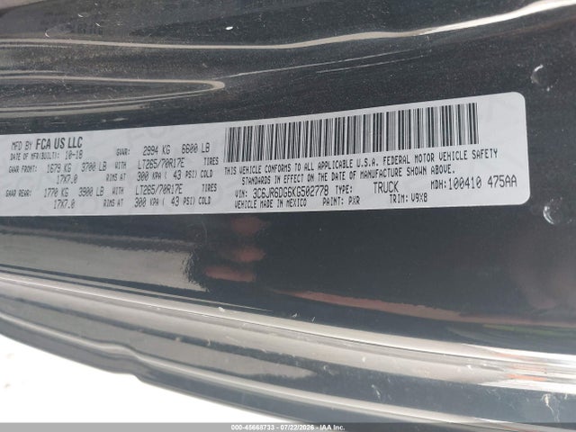 Продаж на аукціоні авто 2019 Ram 1500 Classic, vin: 3C6JR6DG6KG502778, номер лоту: 45668733