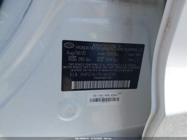 45668741 :رقم المزاد ، 5NPD74LF9LH613259 vin ، 2020 Hyundai Elantra Se مزاد بيع