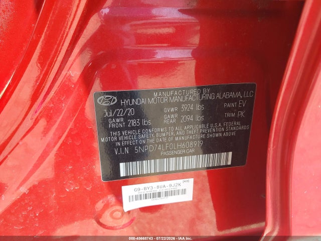45668743 :رقم المزاد ، 5NPD74LF0LH608919 vin ، 2020 Hyundai Elantra Se مزاد بيع