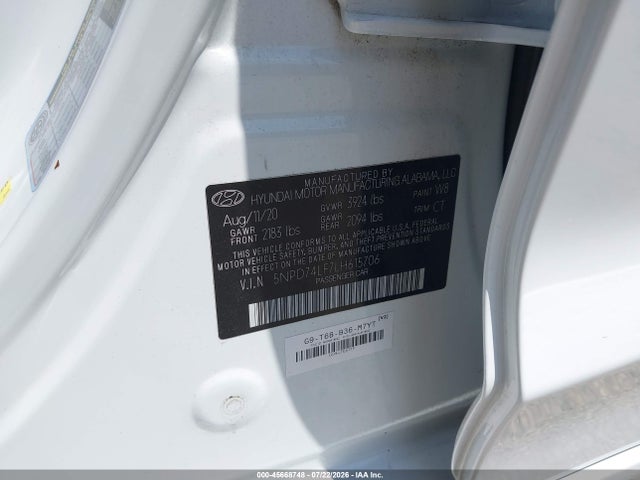 45668748 :رقم المزاد ، 5NPD74LF7LH615706 vin ، 2020 Hyundai Elantra Se مزاد بيع