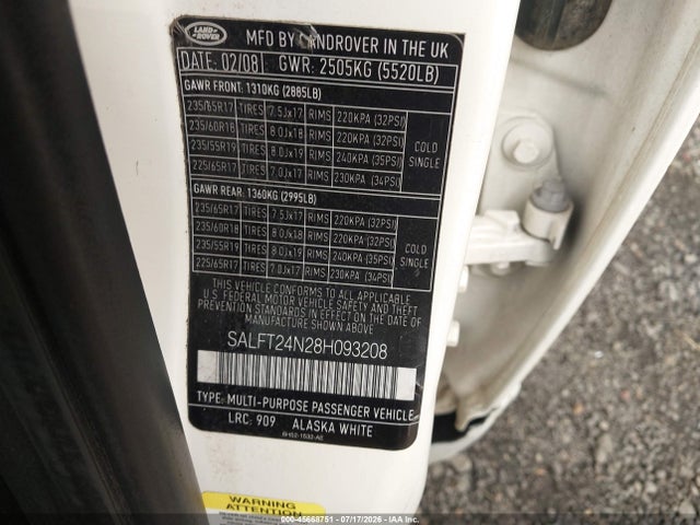 45668751 :رقم المزاد ، SALFT24N28H093208 vin ، 2008 Land Rover Lr2 Hse مزاد بيع