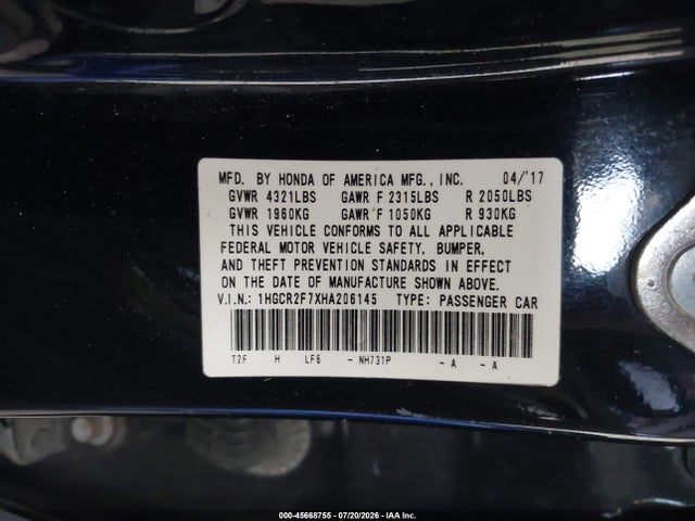 2017 Honda Accord Ex მანქანა იყიდება აუქციონზე, vin: 1HGCR2F7XHA206145, აუქციონის ნომერი: 45668755